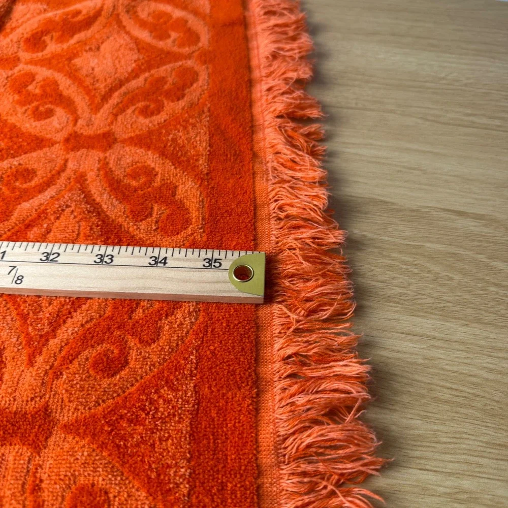 Vintage Fashion Manor Jacquard Damask Bath Towel Orange Fringe Bathroom MCM 1970